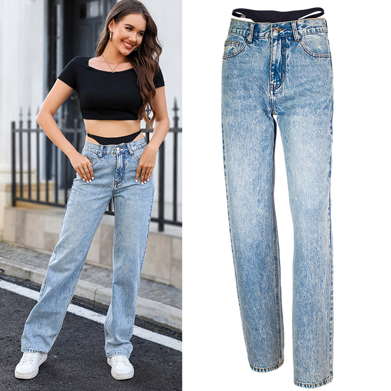 Streetwear Outfit Brand - ปลอม 2 ชิ้นเย็บตรงกางเกงยีนส์ผู้หญิงกางเกงยีนส์กางเกงเอวสูงออกแบบแบรนด์หรูกางเกงStreetwearชุดสไตล์XS